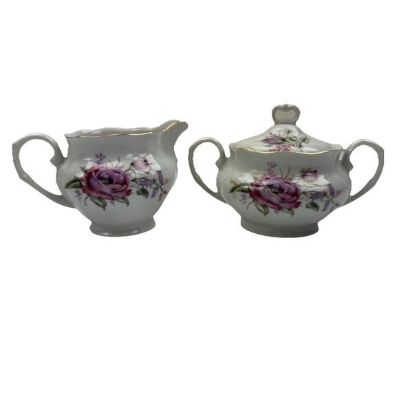 Vintage Favolina Flower Spray Floral Cream Sugar Set Poland Pink Lavender - Picture 1 of 13